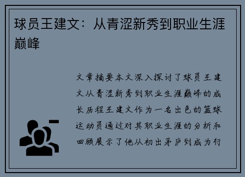 球员王建文：从青涩新秀到职业生涯巅峰